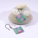 Boucles Carré Origami vert et bleu foncés avec fleurs rose