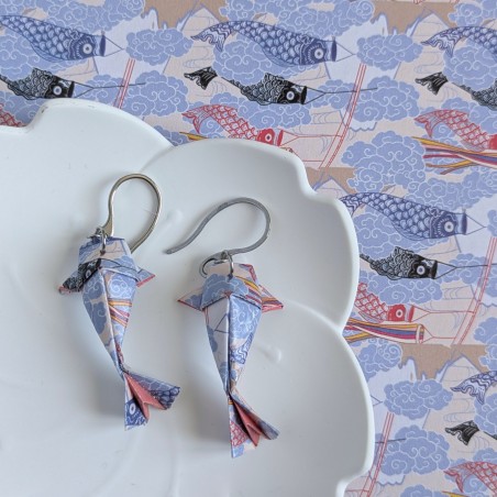 Boucles d’Oreilles Origami Carpes Koï koinobori multicolores et nuages