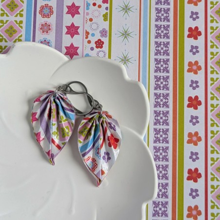 Boucles d’Oreilles Feuilles Origami motifs floraux et rayures multicolores