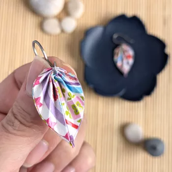 Gros plan sur les feuilles en origami aux motifs floraux et rayures multicolores qui composent les boucles d’oreilles.