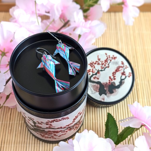 Boucles d’Oreilles Origami Carpes Koï rayures multicolores