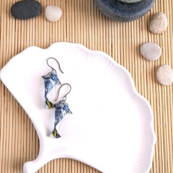Boucles d’Oreilles Origami Carpes Koï vagues blanches et bleues