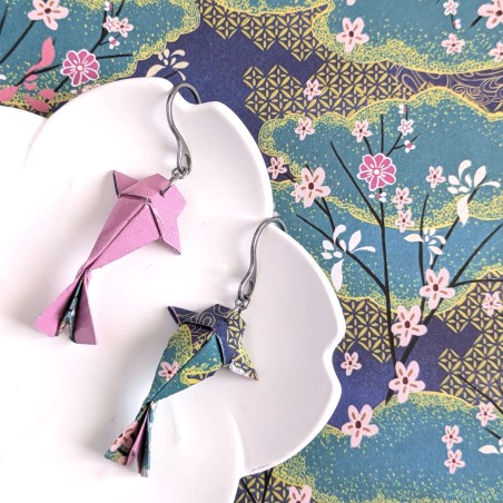 Boucles d’Oreilles Origami Carpes Koï asymétriques sakura et arbres