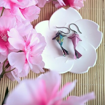 Boucles d’Oreilles Origami Carpes Koï asymétriques sakura et arbres