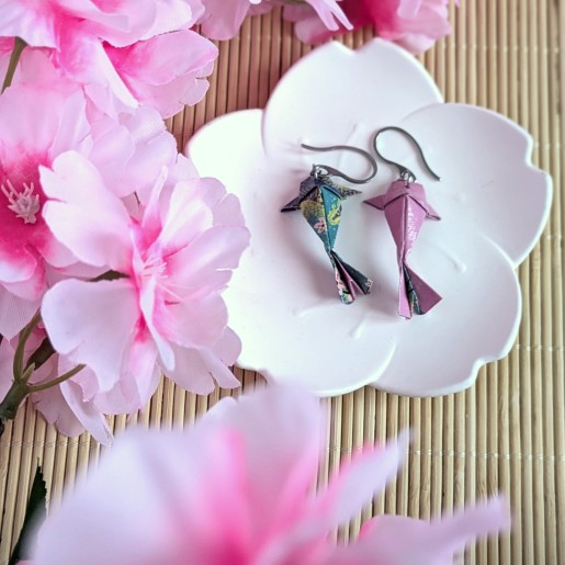 Boucles d’Oreilles Origami Carpes Koï asymétriques sakura et arbres