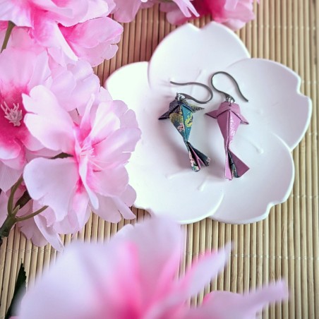 Boucles d’Oreilles Origami Carpes Koï asymétriques sakura et arbres