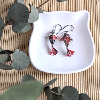 Boucles d’Oreilles Origami Carpes Koï grues et fleurs sur fond noir
