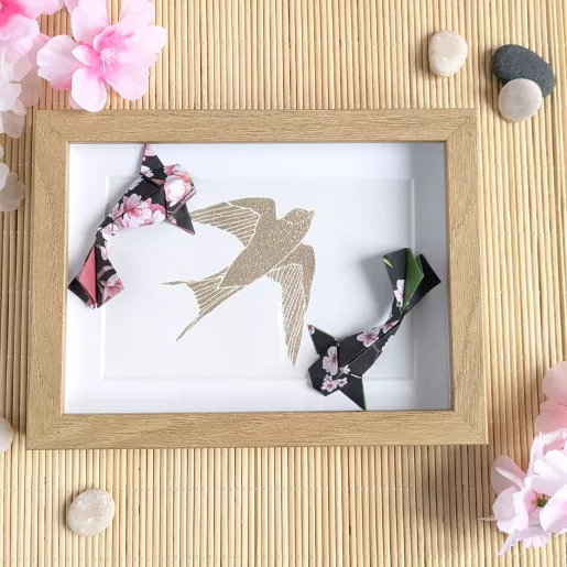 Cadre 3D carpes koï et sakuras roses | Line et les Perles